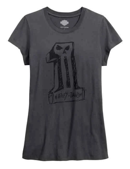 tie-front tops for women -Harley-Davidson™ Women's Black Label Core Sketchy #1 Skull Tee, Gray 99181-16VW