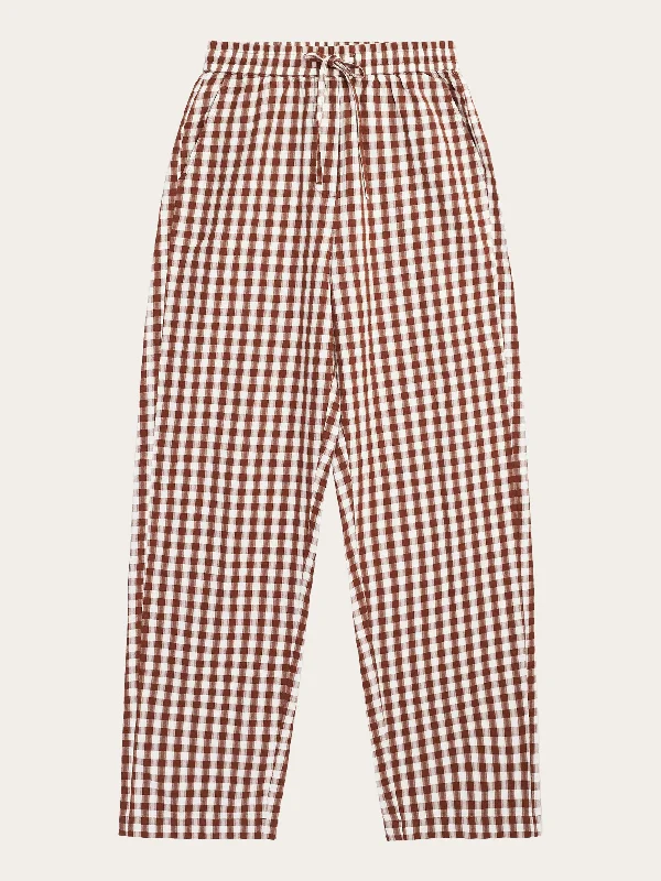 trendy pants for women -basic tops for women -CHLOE barrel high-rise seersucker checkered elastic waistband pants - GOTS/Vegan - Brown check