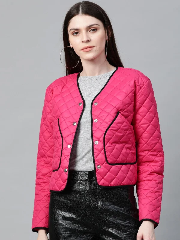 floral print jackets for women -breathable linen tops for women -Fuchsia Piping Detail Quilted Jacket