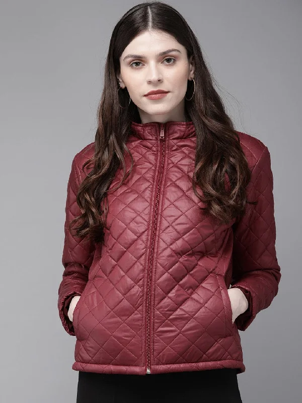 autumn jackets for women -women's ruffle tops -Burgundy Quilted Hooded Puffer Jacket