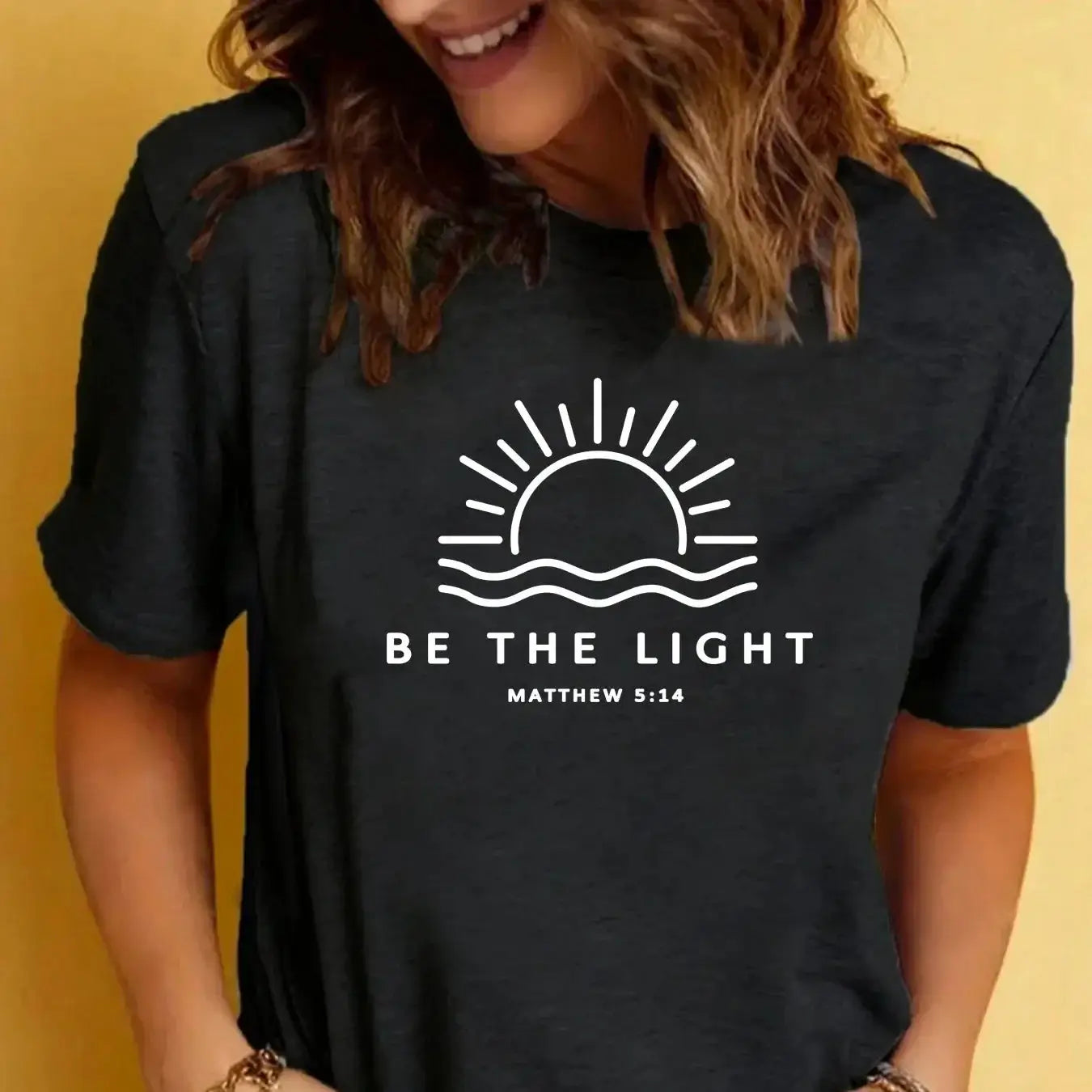 sheer tops for women -Women's Casual Round Neck 'Be the Light' Design Graphic T-Shirt