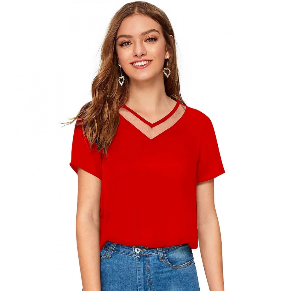 sleeveless blouses for work -Generic Women's Polyester, Knitting Western Wear T-Shirt (Red)