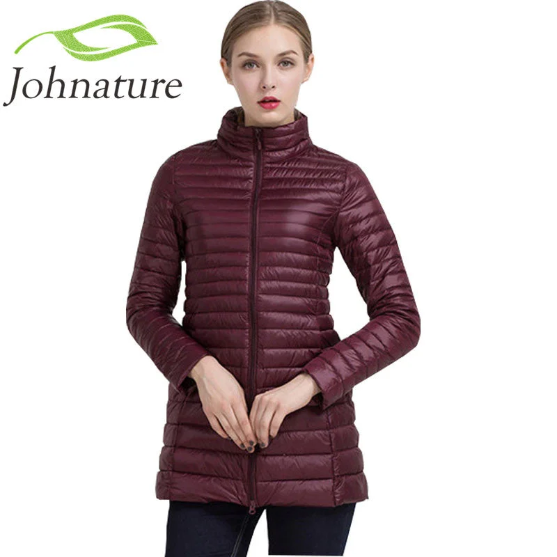 thick winter coats for women -women's mesh tops -Johnature 2018 Winter Warm New Women Long Thin Down Jacket Slim Korean Stand Collar White Duck Down Zipper Long Coat S-4XL