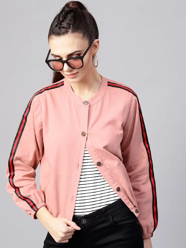 luxury winter coats for women -women's knitted sweaters -Pink Denim Bomber Sleeve Tape Jacket