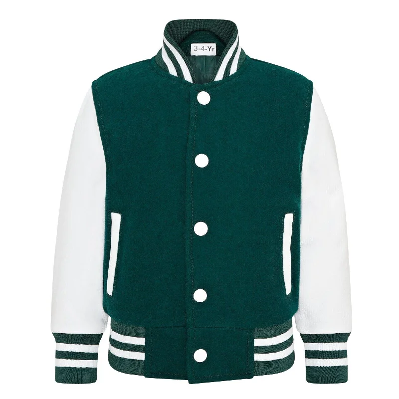 fur-trimmed coats for women -basic tops for women -Kids Green White Varsity Bomber Jacket Wool Body Real Leather Sleeves