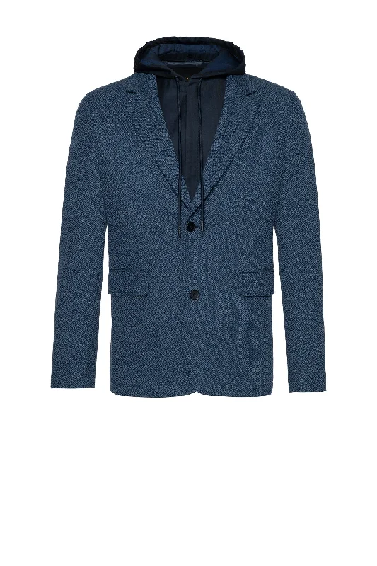 women's quilted jackets -soft fabric tops for women -BRANDON BLUE HERRINGBONE SPORTS COAT WITH HOOD