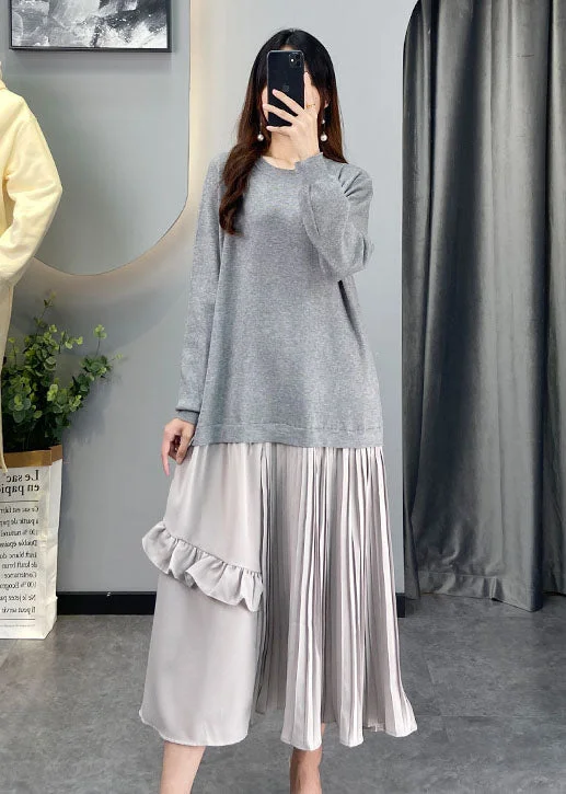 plus size women's tops -diy Grey Ruffled Patchwork Knit Dresses Winter