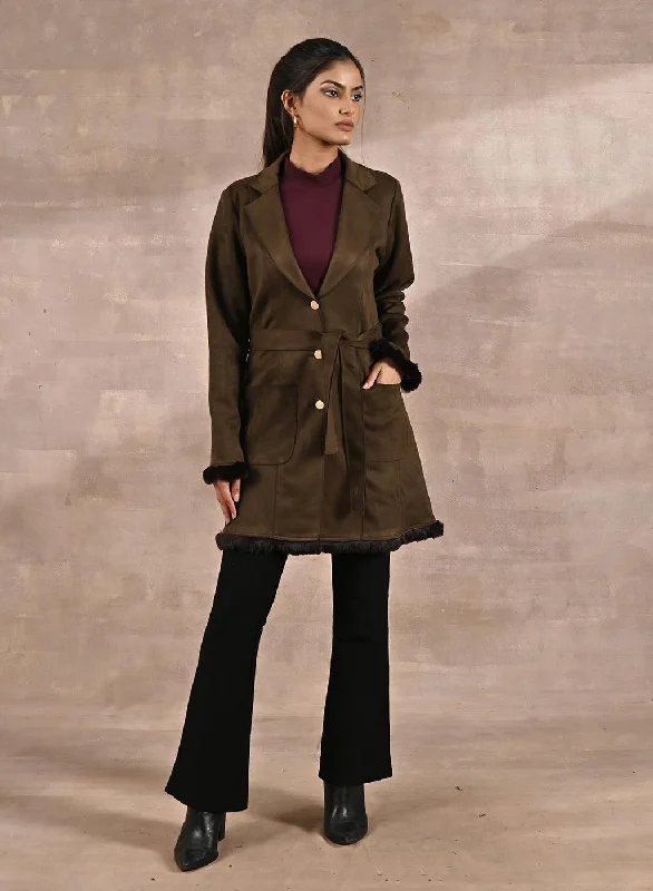 longline coats for women -short sleeve tops for women -Olive Long Belted Trench Coat with Fur Detailing