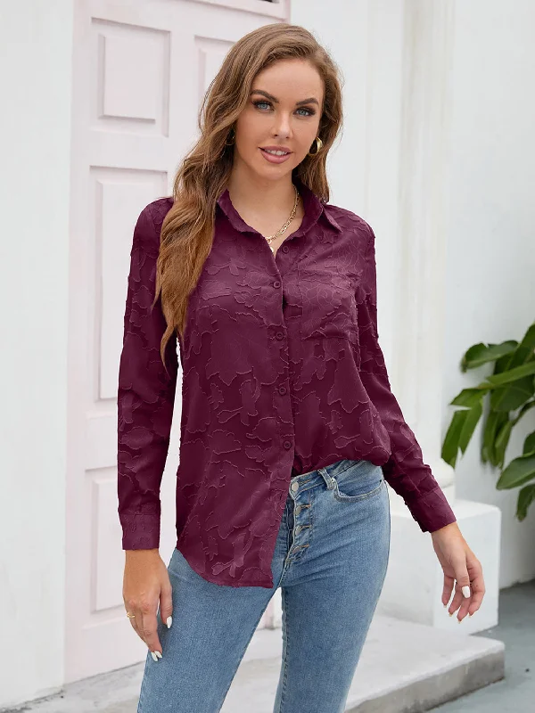 women's ruffle tops -Flower Collared Neck Button Up Shirt