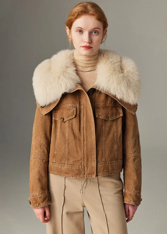 fur-lined parkas for women -autumn blouses for women -Real Fox Fur Collar Quilted Goose Down Short Denim Coat