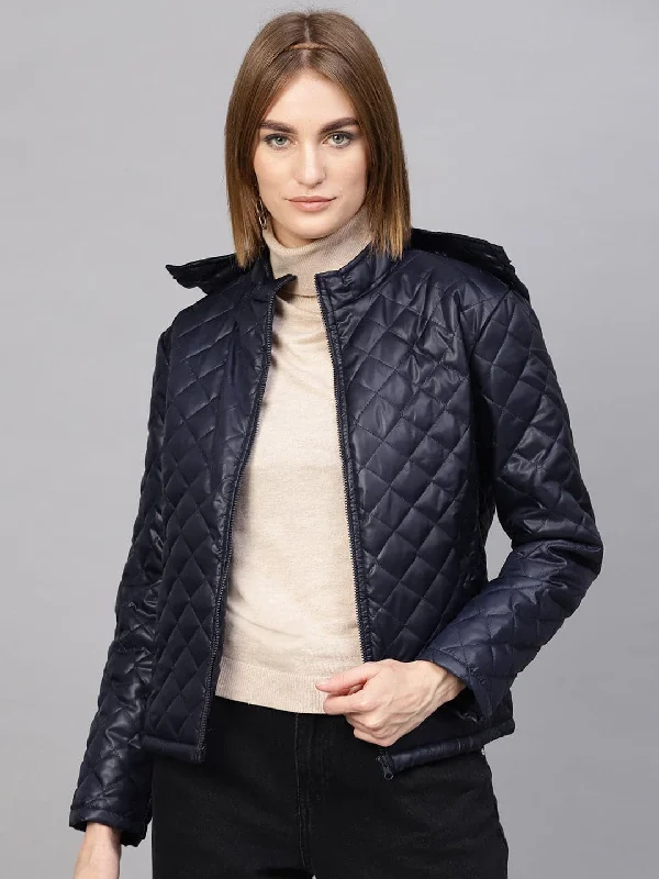 belted trench coats for women -women's off-shoulder tops -Navy Quilted Hooded Puffer Jacket