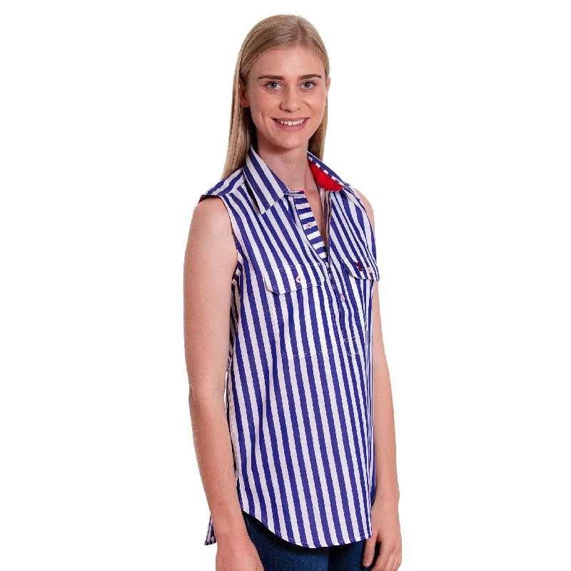 ribbed tank tops for women -Sleeveless Navy Stripe/Red Trim