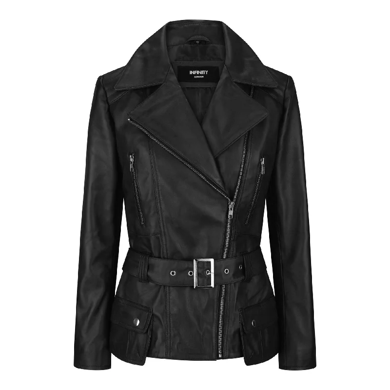 military-style coats for women -trendy crop tops for women -Trench Ladies Tan Black Teal Green Mid Length Designer Real Leather Jacket