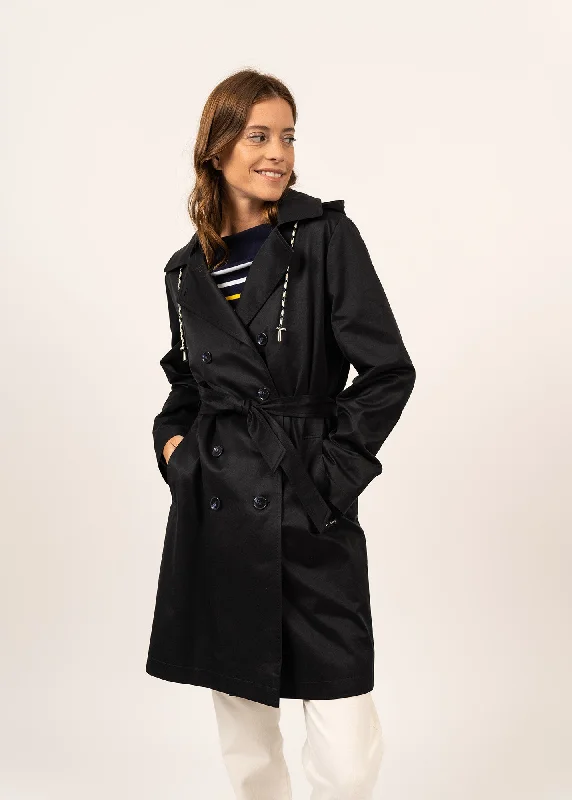 trendy coats for women -women's lace tops -Ste Honorine hooded trenchcoat - in cotton gabardine (NAVY)