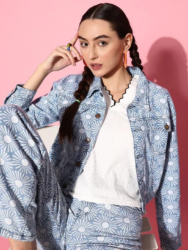 windproof jackets for women -striped shirts for women -Women Blue Floral Print Denim Jacket