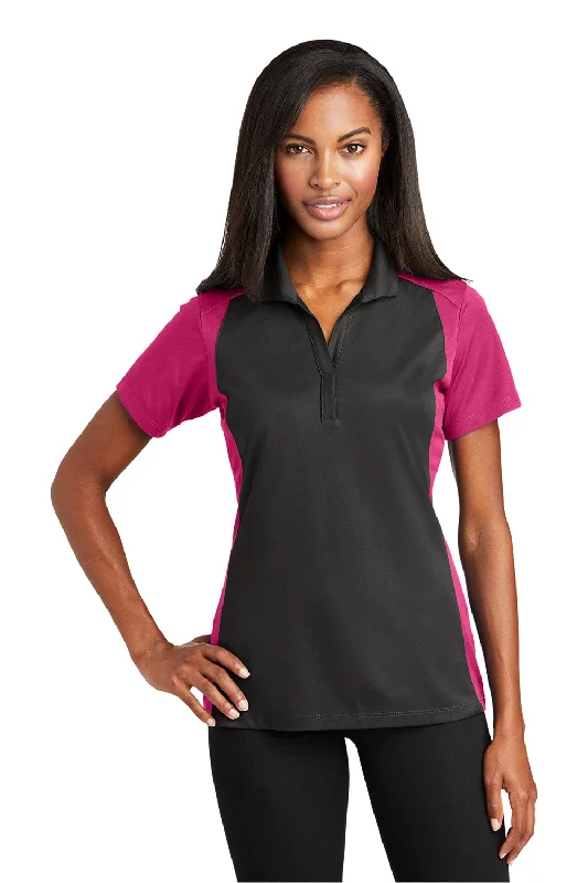 lace-up tops for women -Sport-Tek Womens Sport-Wick Moisture Wicking Short Sleeve Polo Shirt - Iron Grey/Raspberry Pink