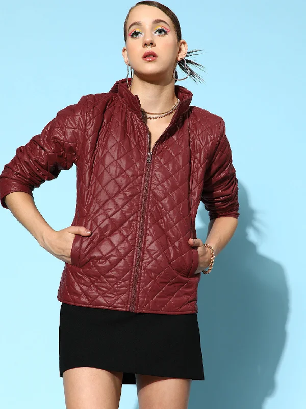 fleece jackets for women -loose fit women's tops -Women Burgundy Quilted Hooded Puffer Jacket