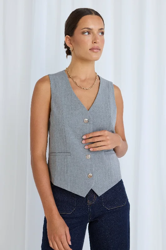 trendy plaid blazers for women -embroidered tops for women -Virtue Grey Pinstripe Vest