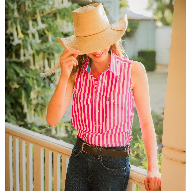 casual plaid shirts for women -Sleeveless X-Thick Fuchsia Stripe w. Aqua Trim