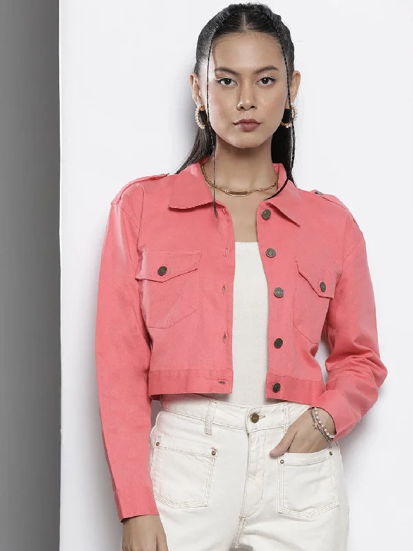 thermal coats for women -women's wrap tops -Women Pink Twill Crop Jacket