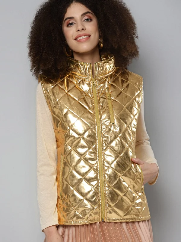 soft wool coats for women -women's chiffon tunics -Gold Metallic Sleeveless Puffer Jacket