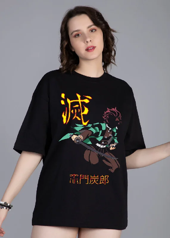 longline tops for women -Demon Tanjiro Printed Oversized T-shirt Women | Pronk