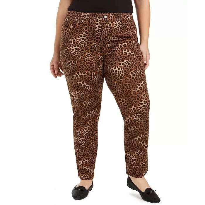 ruched pants for women -cozy women's tops -Charter Club Women's Plus Lexington Animal-Print Jeans Brown Size 24