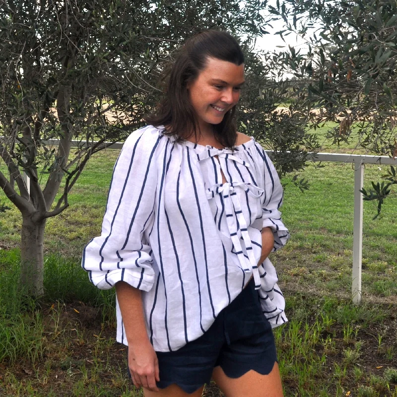 sleeveless blouses for work -Sammie Smock - Navy Stripe