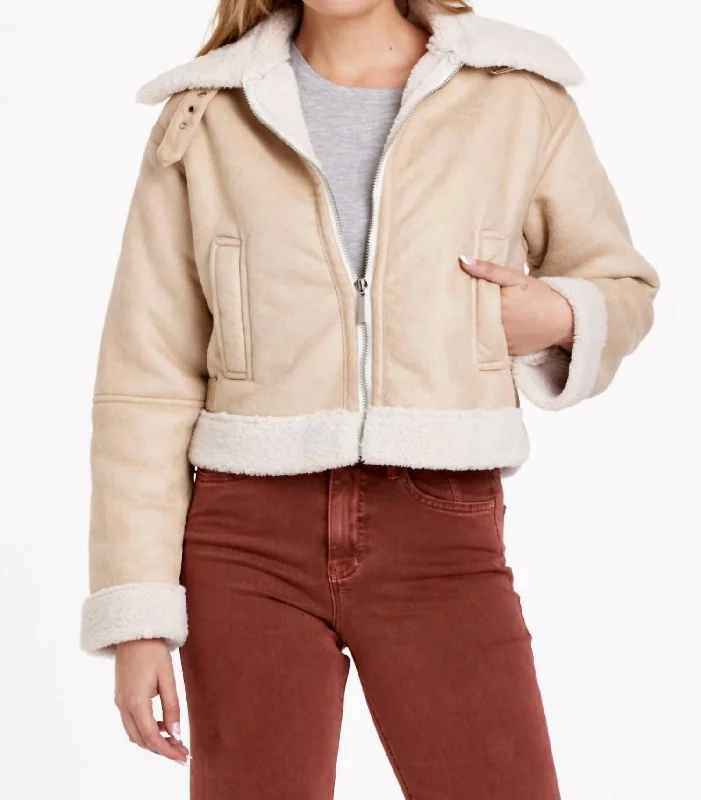 women's raincoats -women's velvet tops -River Shearling Bomber Jacket In Winter Beige