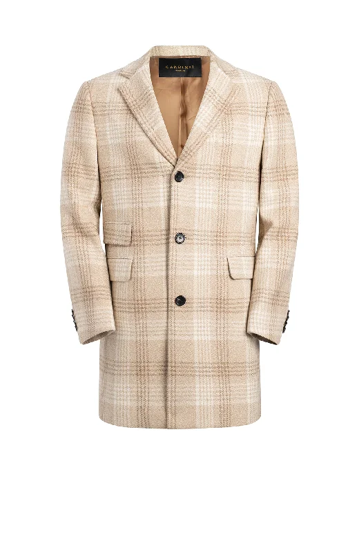 belted trench coats for women -women's off-shoulder tops -SAMUEL WOOL & CASHMERE OATMEAL PLAID TOPCOAT