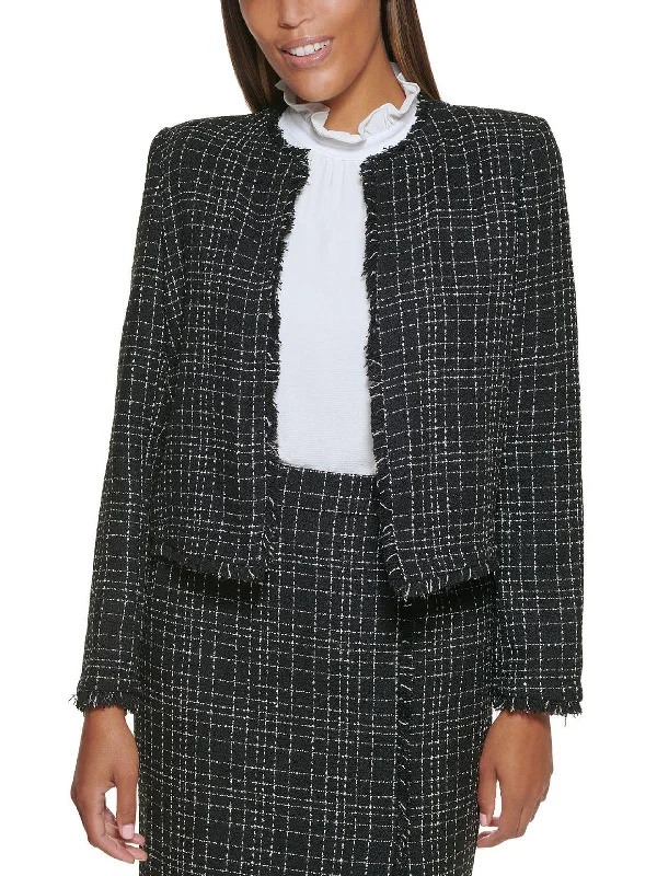 women's sherpa jackets -cotton tunics for women -Petites Womens Wool Blend Tweed Open-Front Blazer