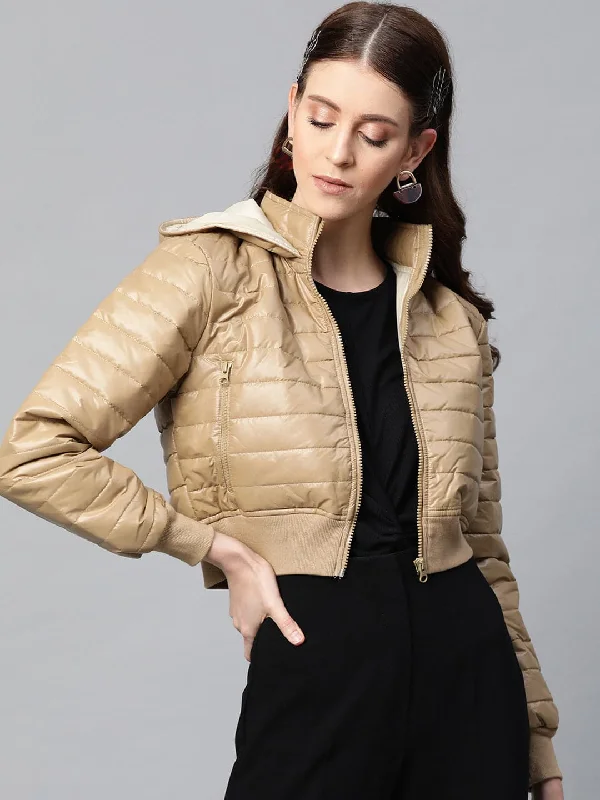 trendy plaid blazers for women -embroidered tops for women -Khaki Hooded Crop Bomber Puffer Jacket