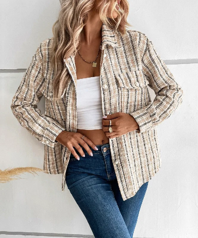 women's double-breasted coats -crop tops for women -DressBetty - Dual Pocket Plaid Shirt Jacket