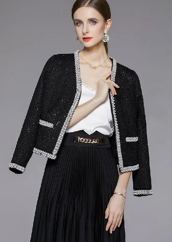 oversized winter coats for women -elegant evening tops for women -Black Beaded Trim Sequin Short Tweed Jacket