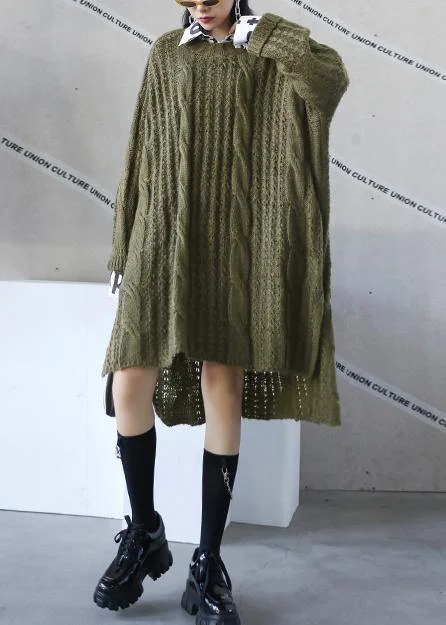 puff sleeve blouses for women -Oversized green Sweater dress Street Style o neck low high design Art knit dresses