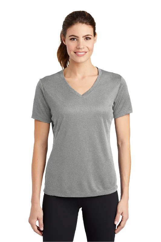 loose fit women's tops -Sport-Tek Womens RacerMesh Moisture Wicking Short Sleeve V-Neck T-Shirt - Heather Grey