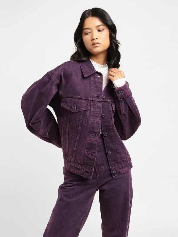 long cardigan coats for women -elegant chiffon blouses -Levi's x Deepika Padukone Solid Purple Shirt Collar Denim Jacket