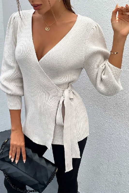 zip-up tops for women -Sexy V Neck Balloon Sleeve Ribbed Wrap Knit Pullover Sweater