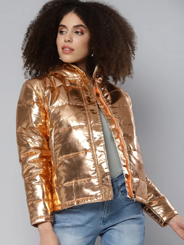 stylish outerwear for ladies -soft touch blouses for women -Copper Metallic Puffer Jacket