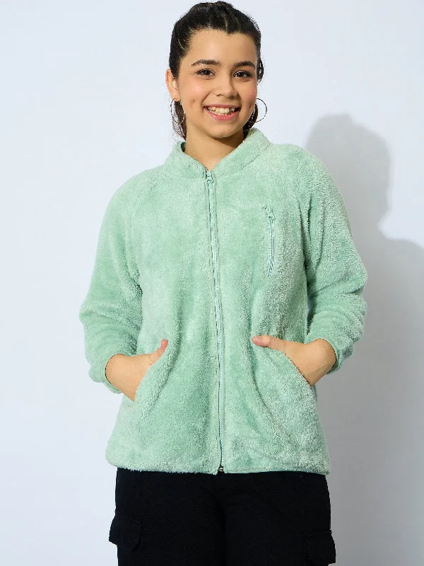 floral print jackets for women -breathable linen tops for women -Girl Sea Green Double Fur Front Zipper Jacket