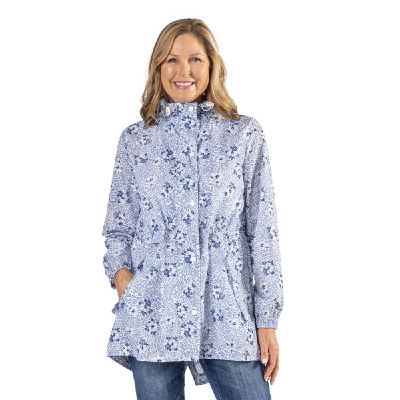 wool blend coats for women -casual long sleeve shirts for women -Blue Floral Hooded Drawstring Raincoat