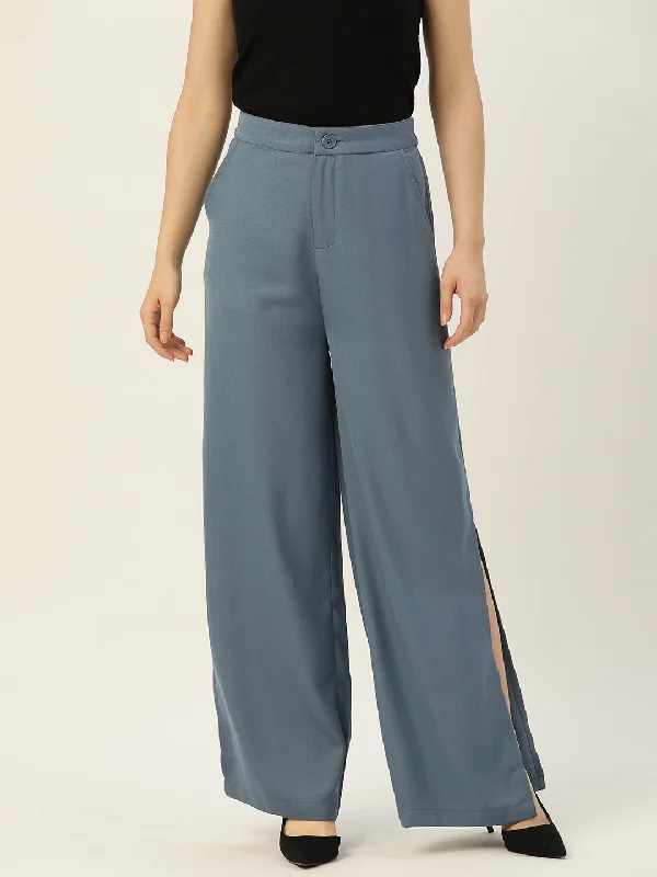 breathable trousers for women -women's off-shoulder tops -Rue Collection Women Blue Relaxed Loose Fit High-Rise Trousers