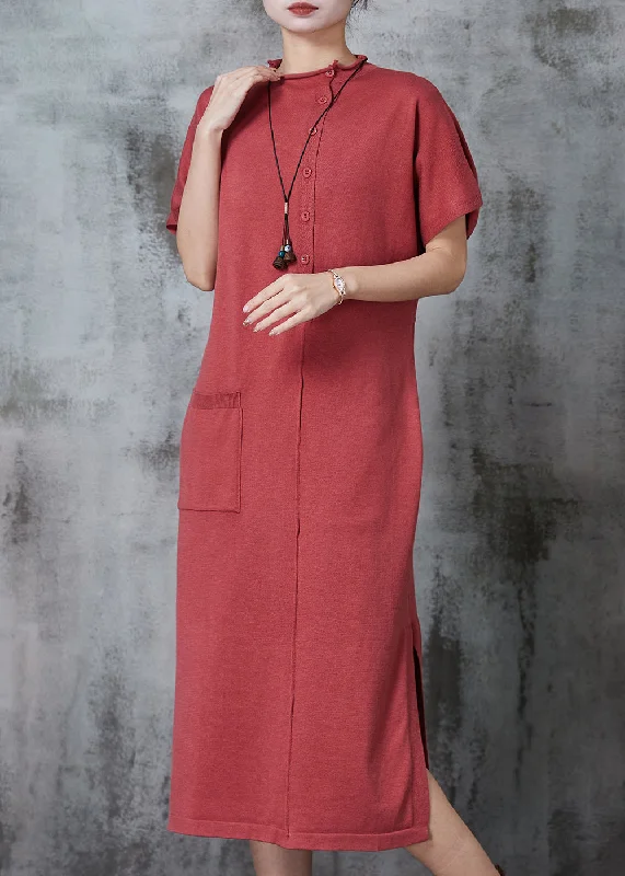 sleeveless summer tops for women -Style Brick Red Side Open Silm Fit Knit Dress Summer