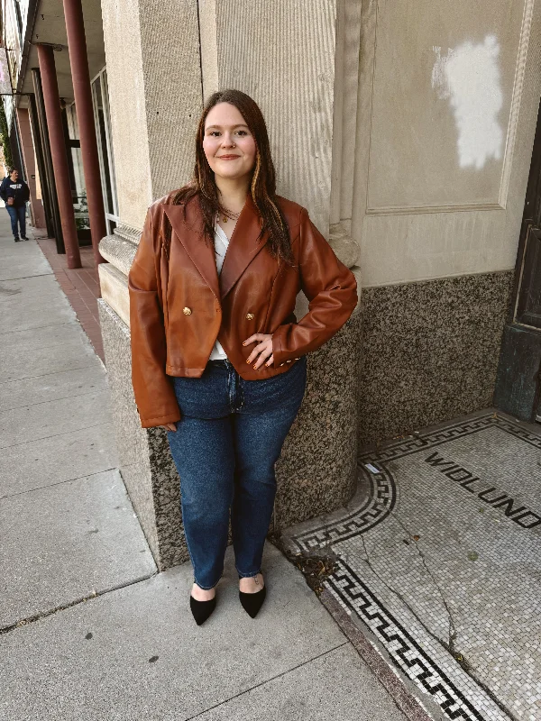 stylish outerwear for ladies -soft touch blouses for women -Brown Leather Antique Button Crop Jacket