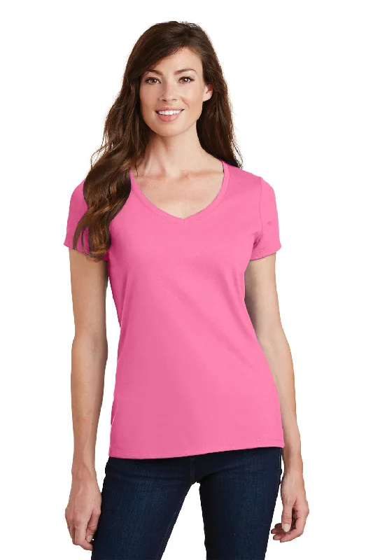 loose fit women's tops -Port & Company Womens Fan Favorite Short Sleeve V-Neck T-Shirt - New Pink