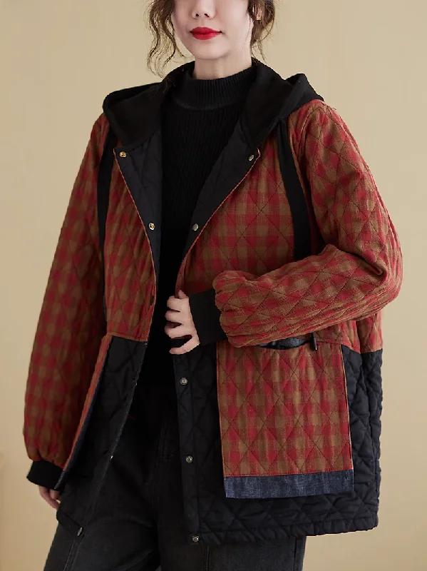 casual zip-up jackets for women -fitted blouses for women -Women's Winter Hooded Button-Up Pocket Plaid Coat