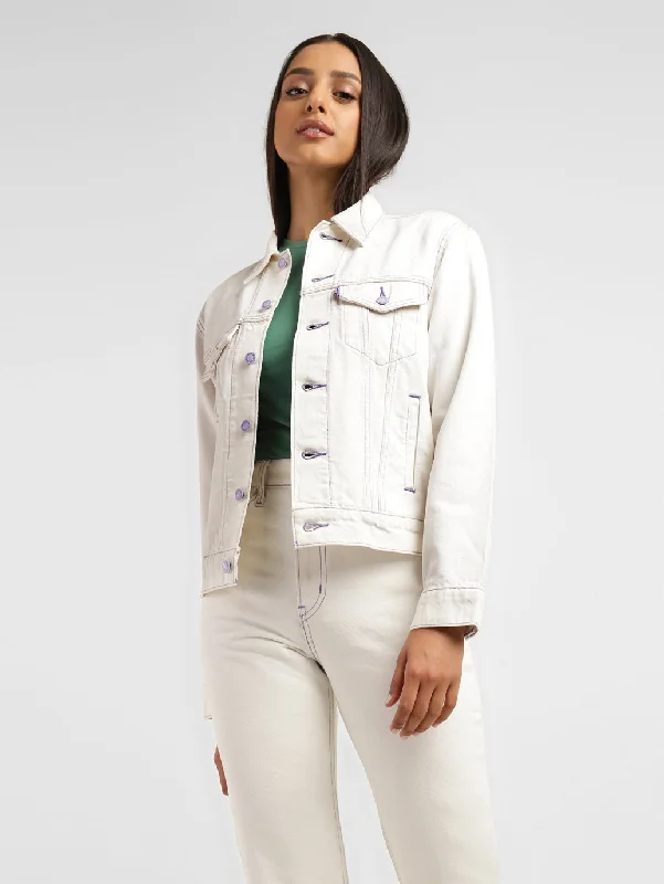 soft shell jackets for women -women's ribbed tops -Levi's x Deepika Padukone Solid White Shirt Collar Denim Jacket