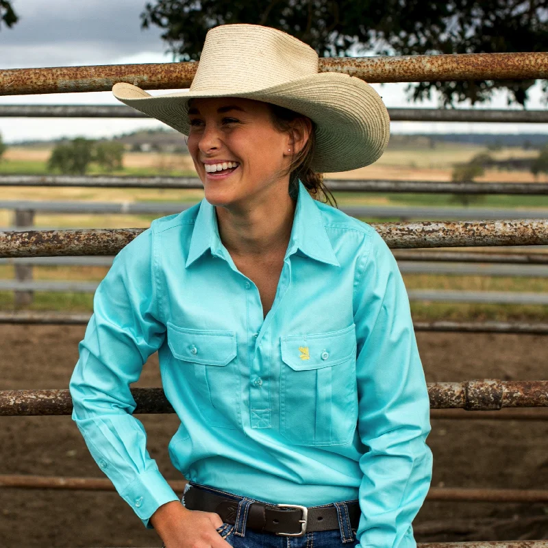 button-up shirts for women -Turquoise Half Button