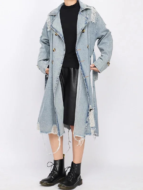 trendy coats for women -women's lace tops -Distressed Denim Trench Coat