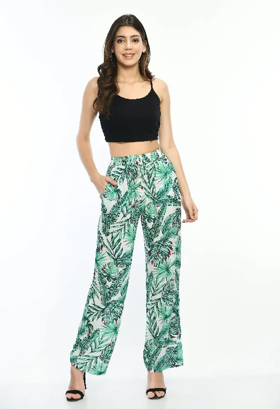 soft lounge pants for women -flowy tops for women -Leaf Printed Viscose Trousers